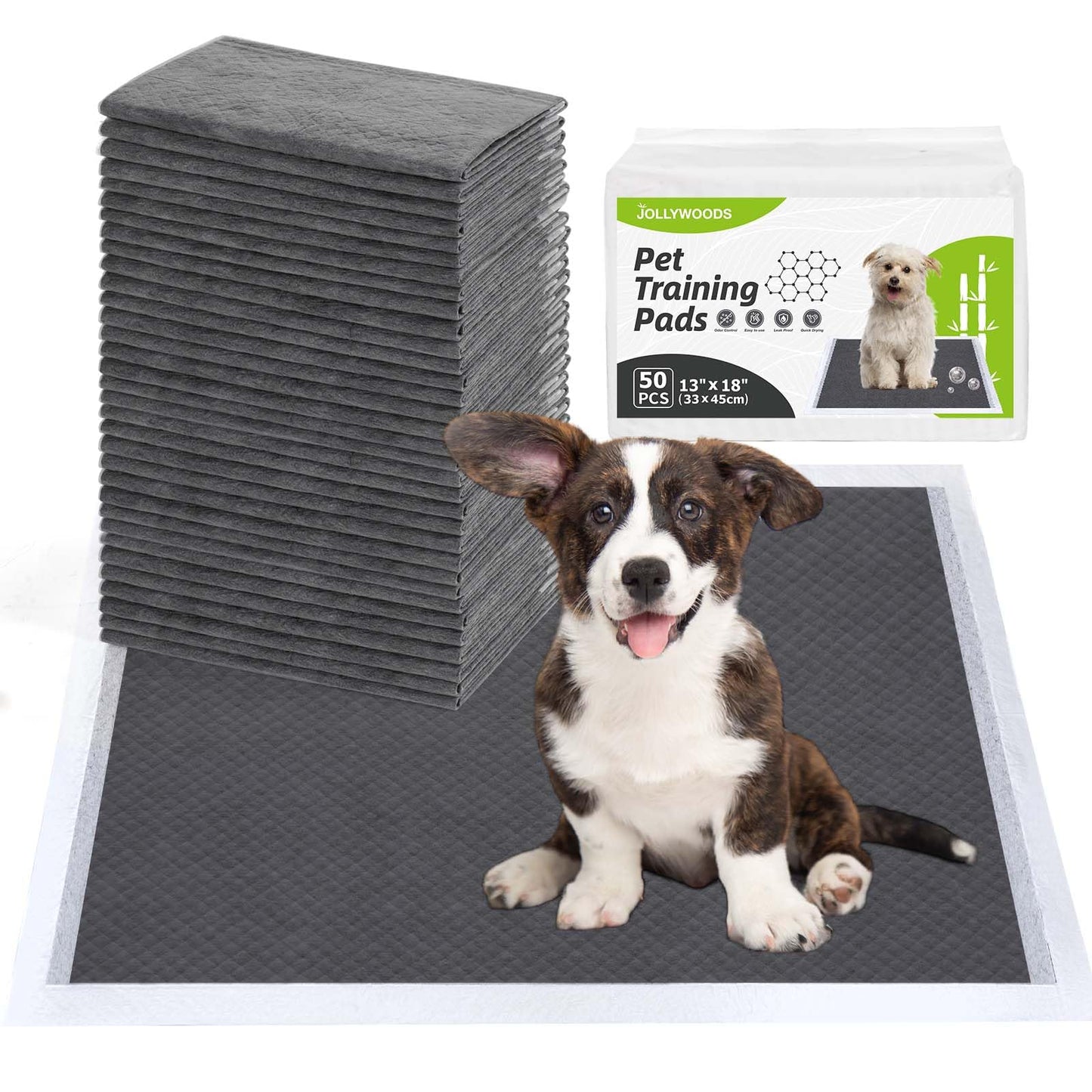 Jollywoods Bamboo Charcoal Disposable Dog Pee Pads – 50 Count, 13"x18"