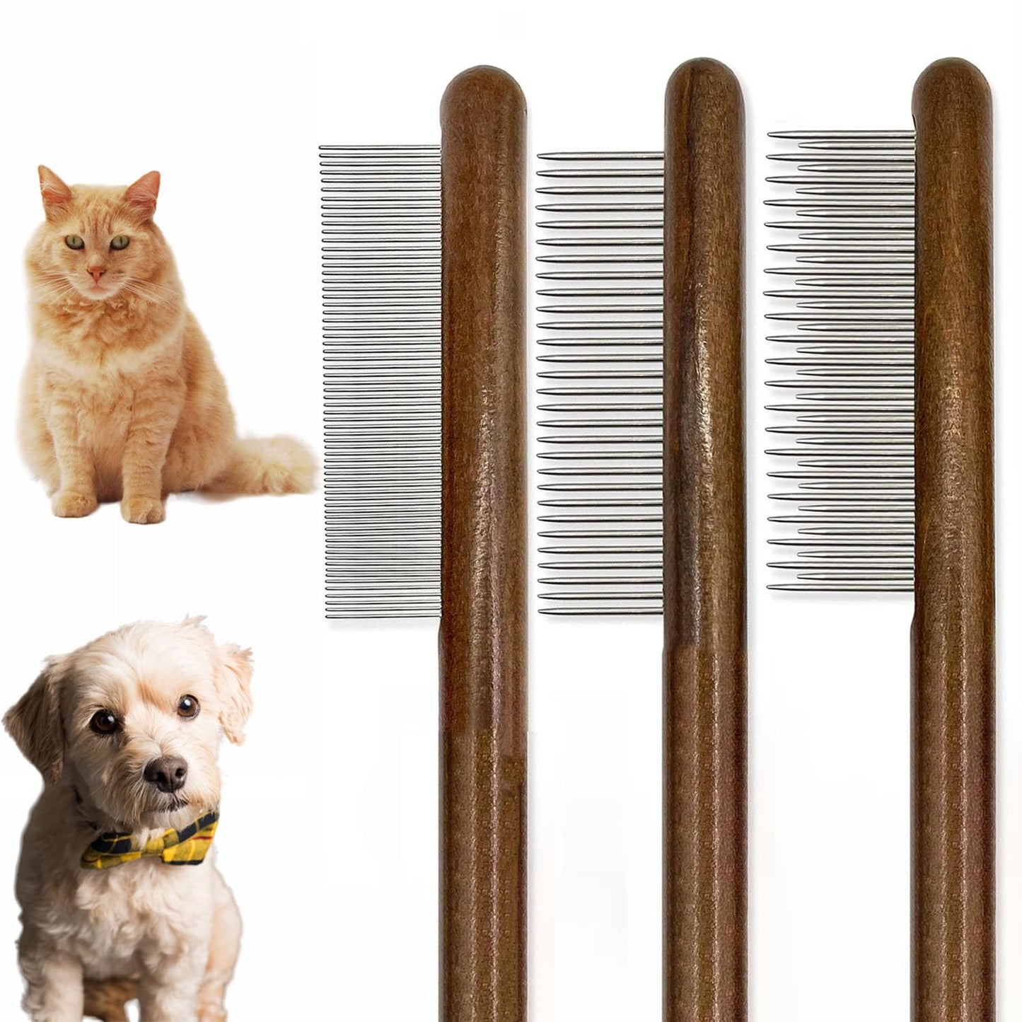 3 Pack Solid Wood Cat Combs Dog Combs Cat Comb for Removing Tangles and Knots Flea Lice Comb with Rounded Stainless Steel Teeth Pet Comb Grooming Tool for CatsDogs and rabbits