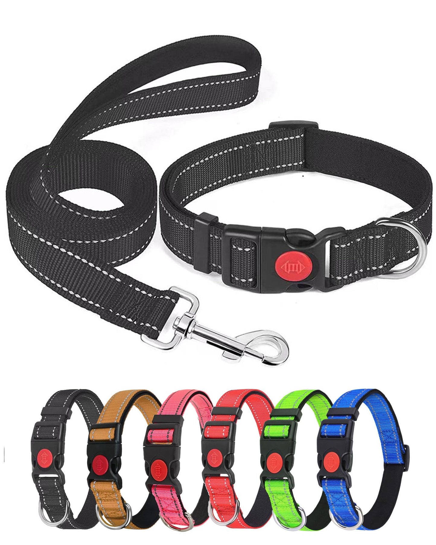 Reflective Dog Collar & Leash Set with Safety Buckle – Black, Large