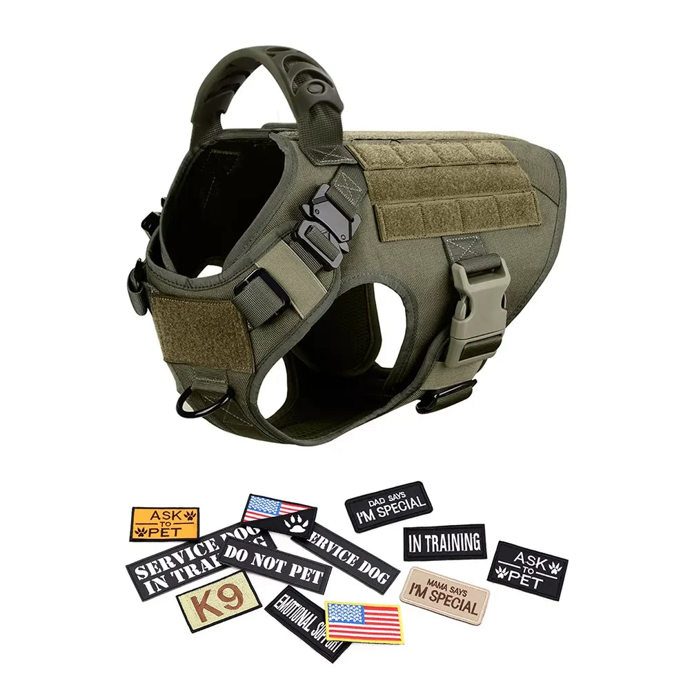 Military Tactical Dog Harness, Collar & Leash Set with Patches