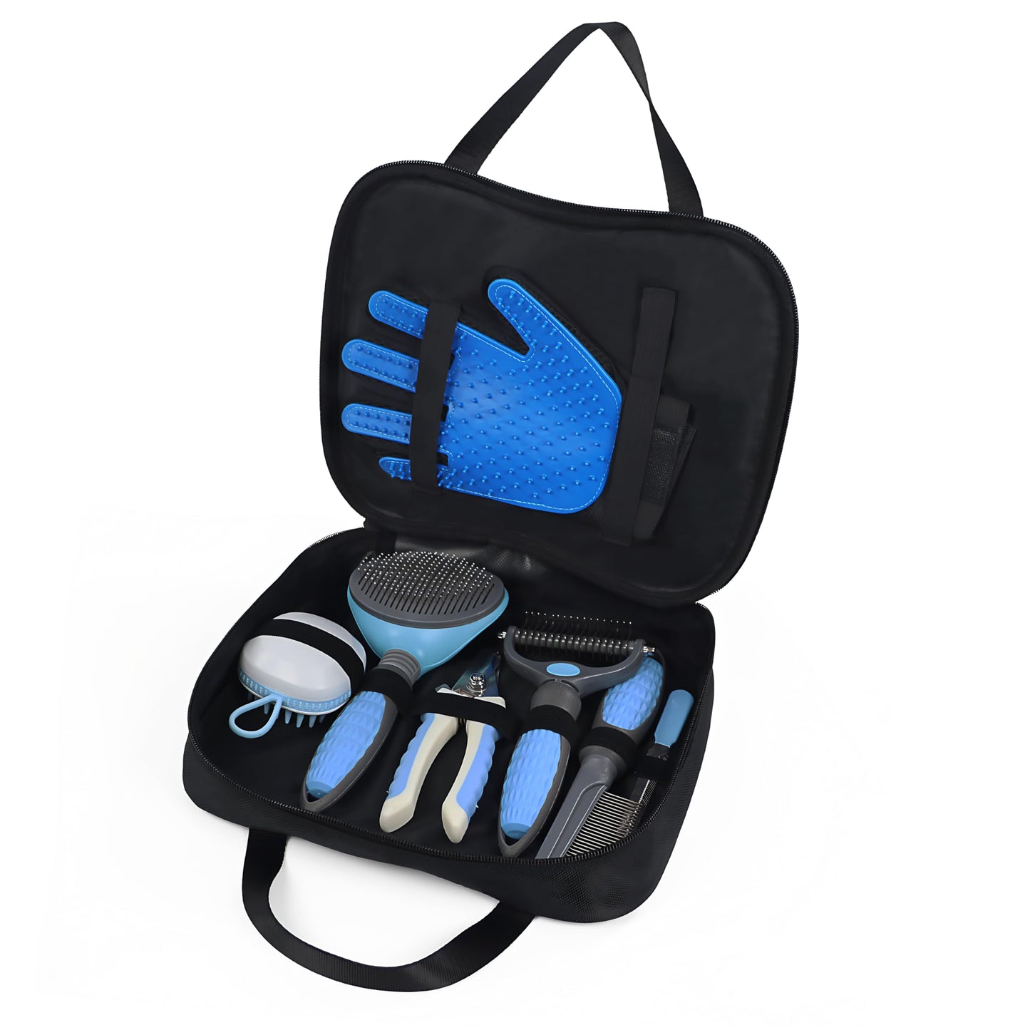 Wisedog Pet Grooming Tool Kit - Nail Clipper Set Dematting & Grooming Combs Bath Brush Hair Removal Mitts (Upgraded Blue)