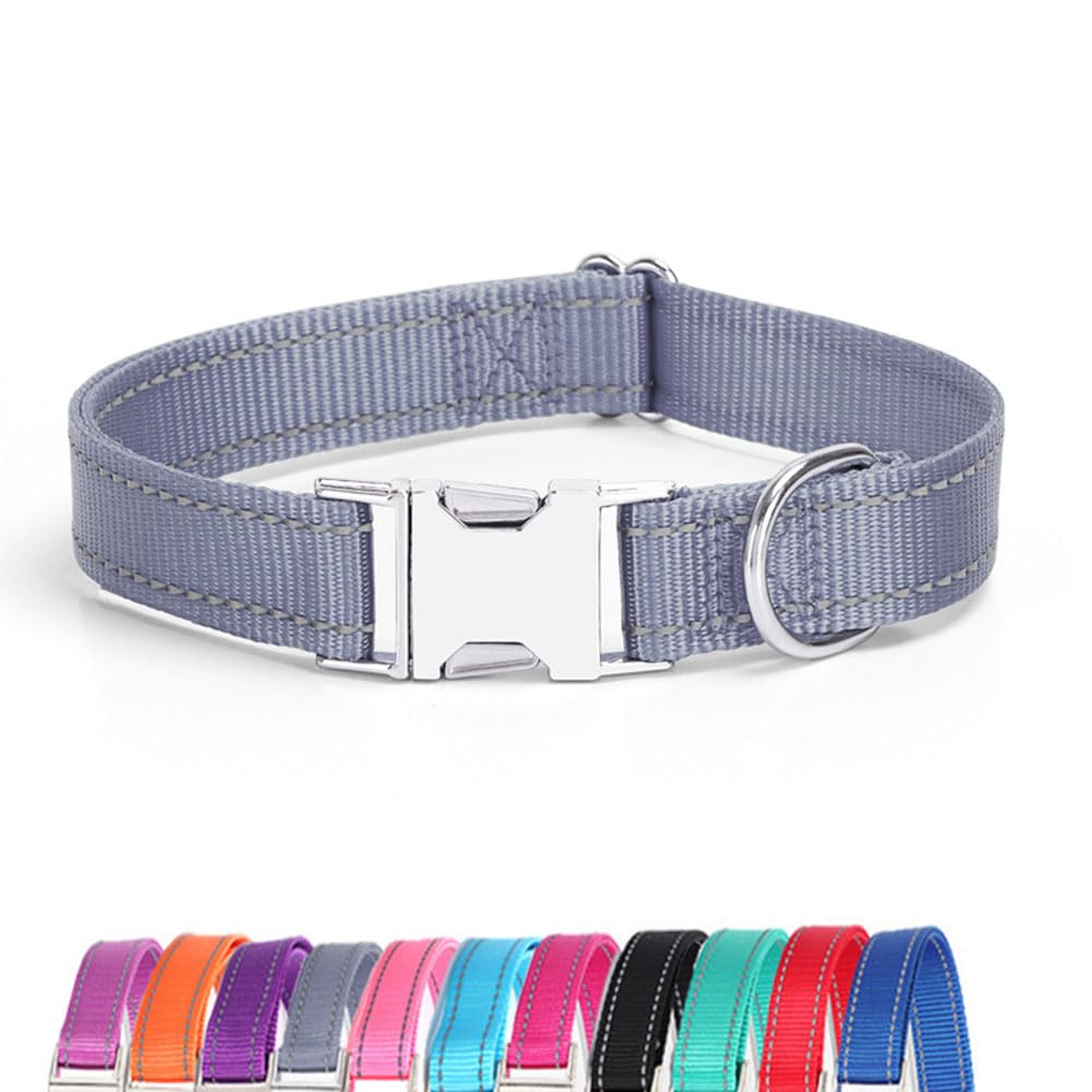 Reflective Nylon Dog Collar with Metal Buckle & ID Tag Ring