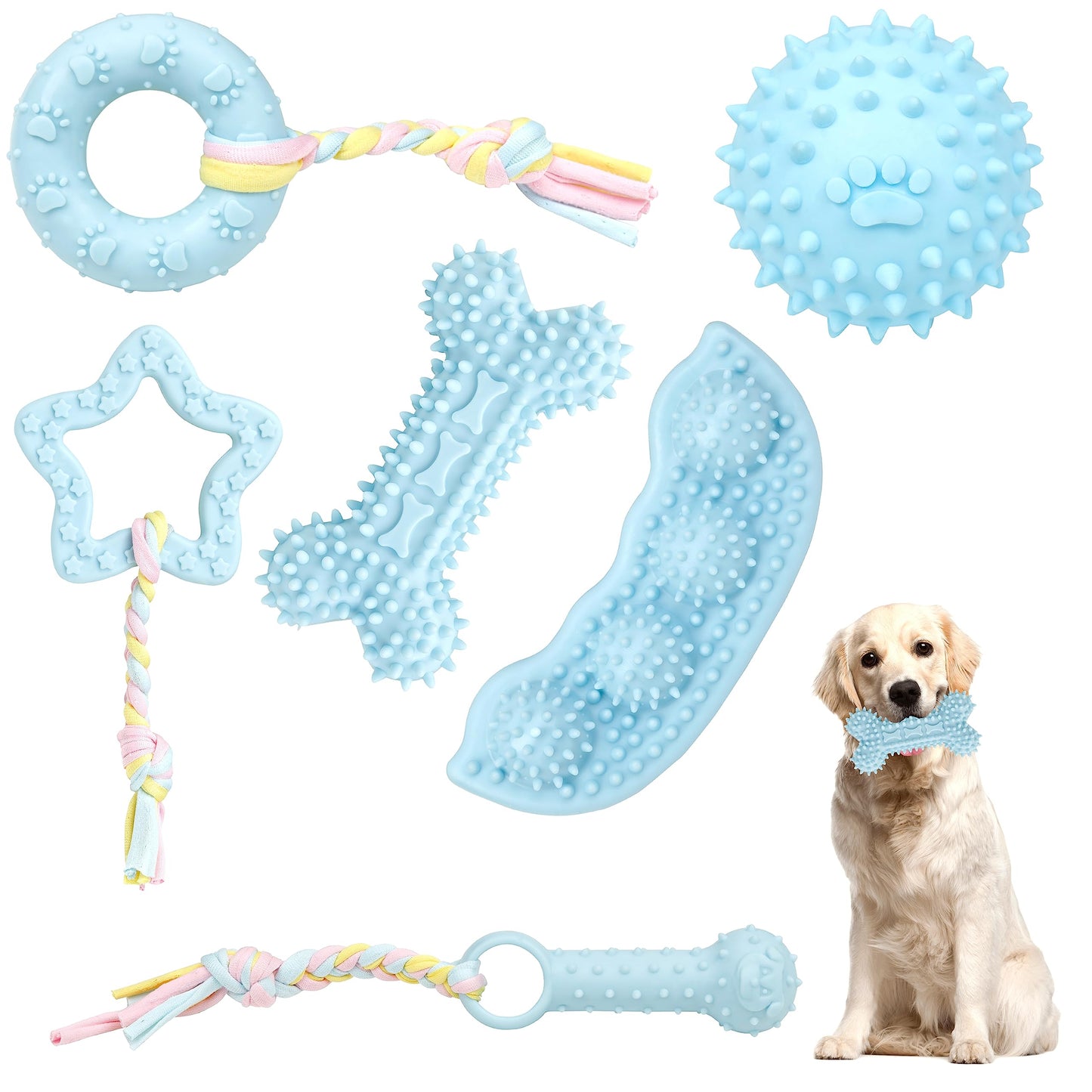 Petbuy 6 Pack Pet Dog Puppy Chew Toys for Teething Small DogsSoft Natural Rubber Blue Interactive Dog Puppy Toys Fun Cleaning SqueakyFunny Dog Chew Toys for Small Medium Breed
