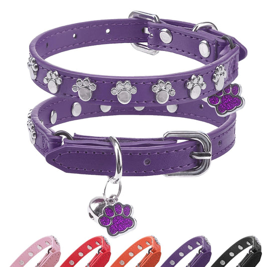 SCENEREAL Paw-Studded Leather Cat Collar with Bells – Purple