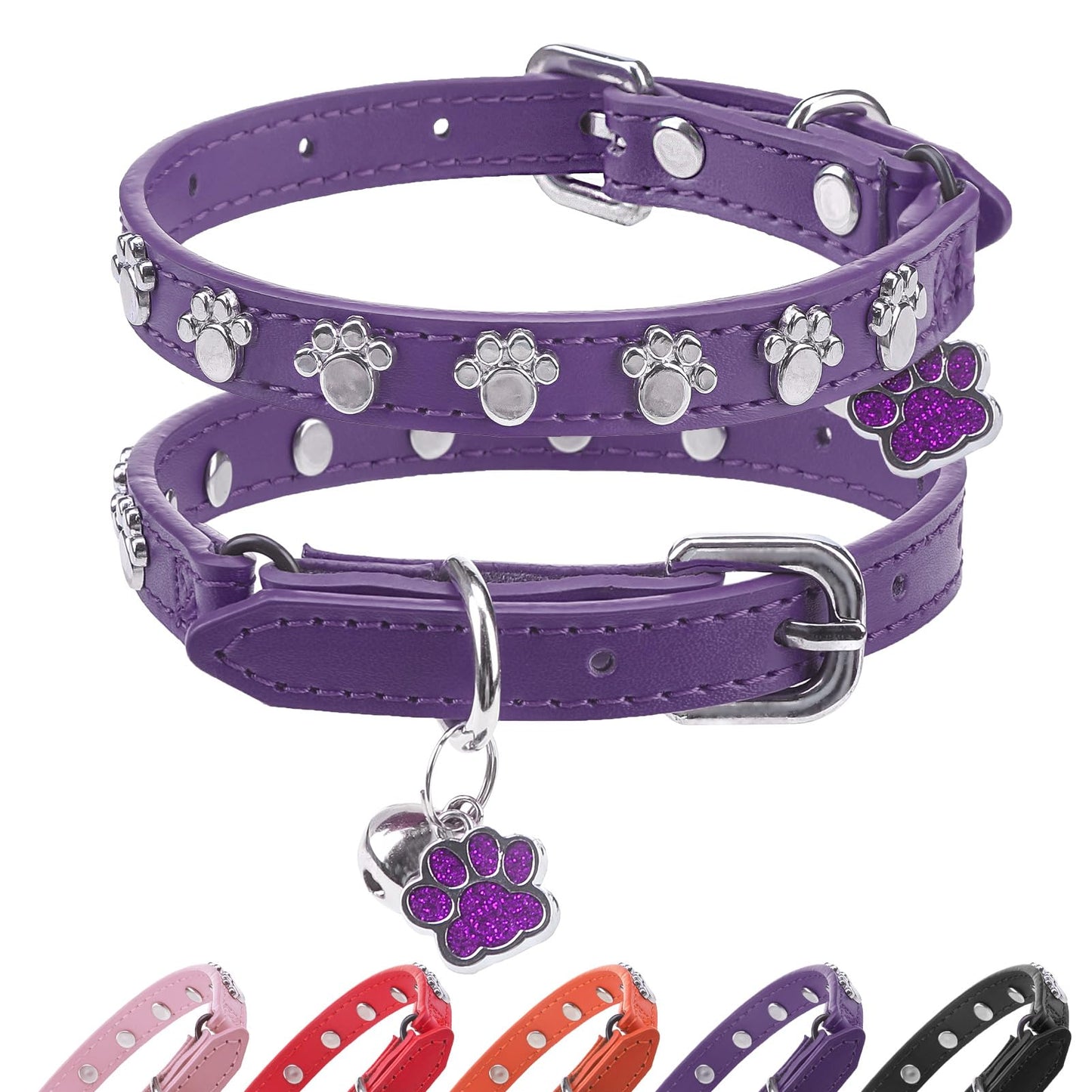 SCENEREAL Paw-Studded Leather Cat Collar with Bells – Purple