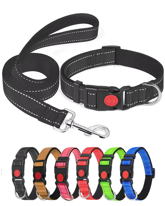 Reflective Dog Collar & Leash Set with Safety Buckle – Black, Large