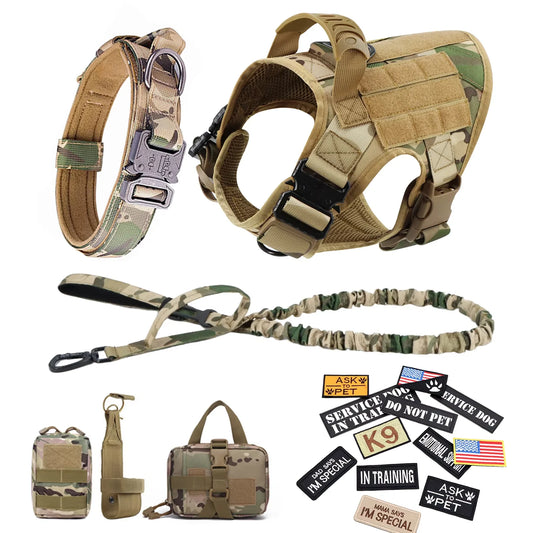 Military Tactical Dog Harness, Collar & Leash Set with Patches