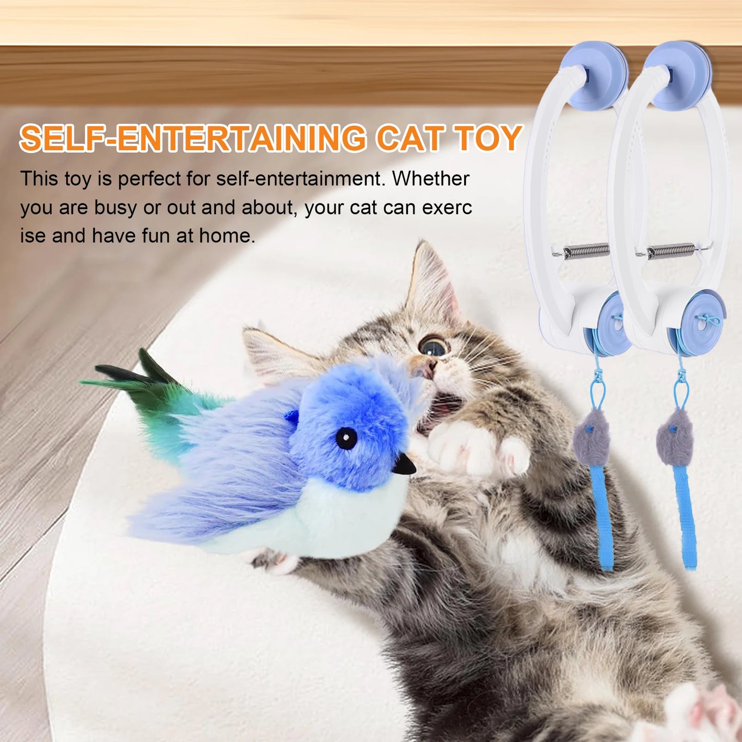 Teaser Electronic Self Play Feather Cat String Toy with 3 Catnip Mice Independent Play Hanging Door Cat Toys for Bored Cats