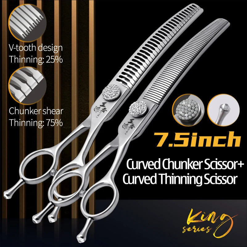 Fenice Dog Grooming Scissors Diamond Screw 7/7.5 Inch Curved Chunker Scissors Thinner Shears for Dog Beauty Scissors