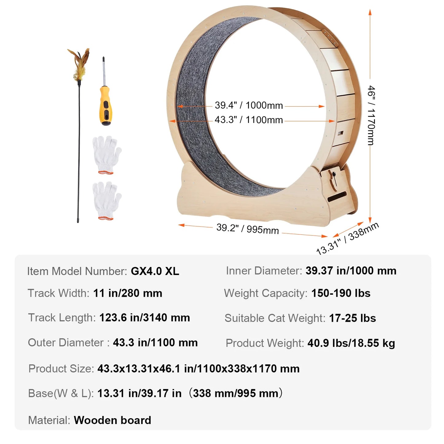 Wooden Cat Exercise Wheel Large Cat Treadmill Wheel for Indoor Cat Running Wheel with Detachable Carpet& Cat Teaser