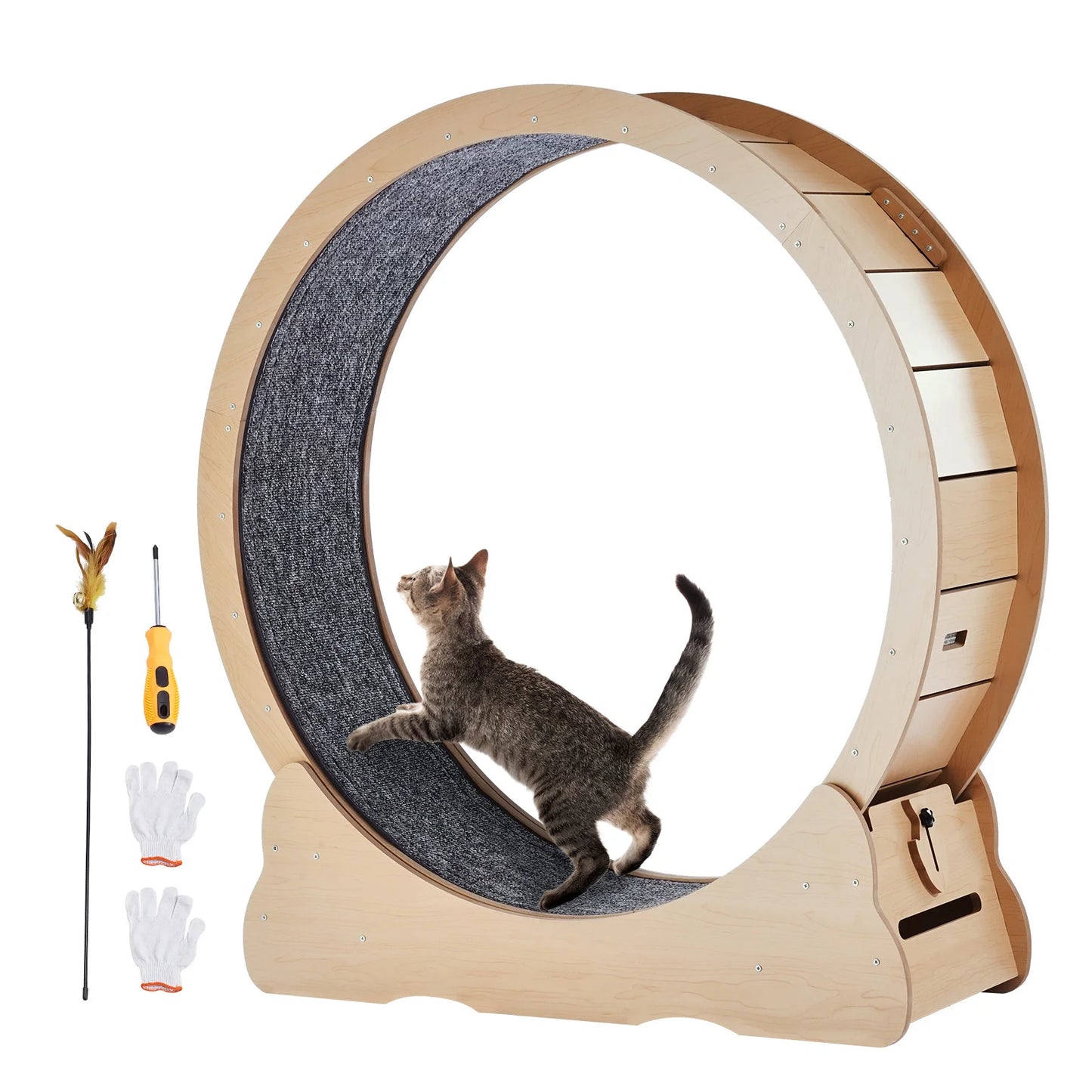 Wooden Cat Exercise Wheel Large Cat Treadmill Wheel for Indoor Cat Running Wheel with Detachable Carpet& Cat Teaser