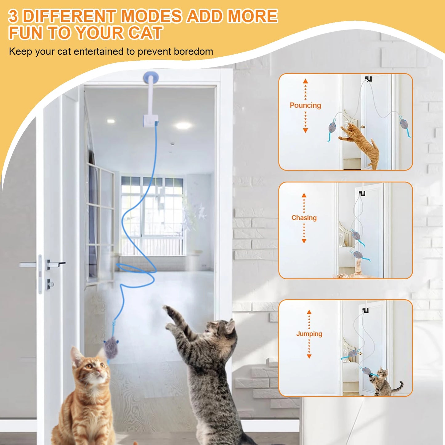 Teaser Electronic Self Play Feather Cat String Toy with 3 Catnip Mice Independent Play Hanging Door Cat Toys for Bored Cats