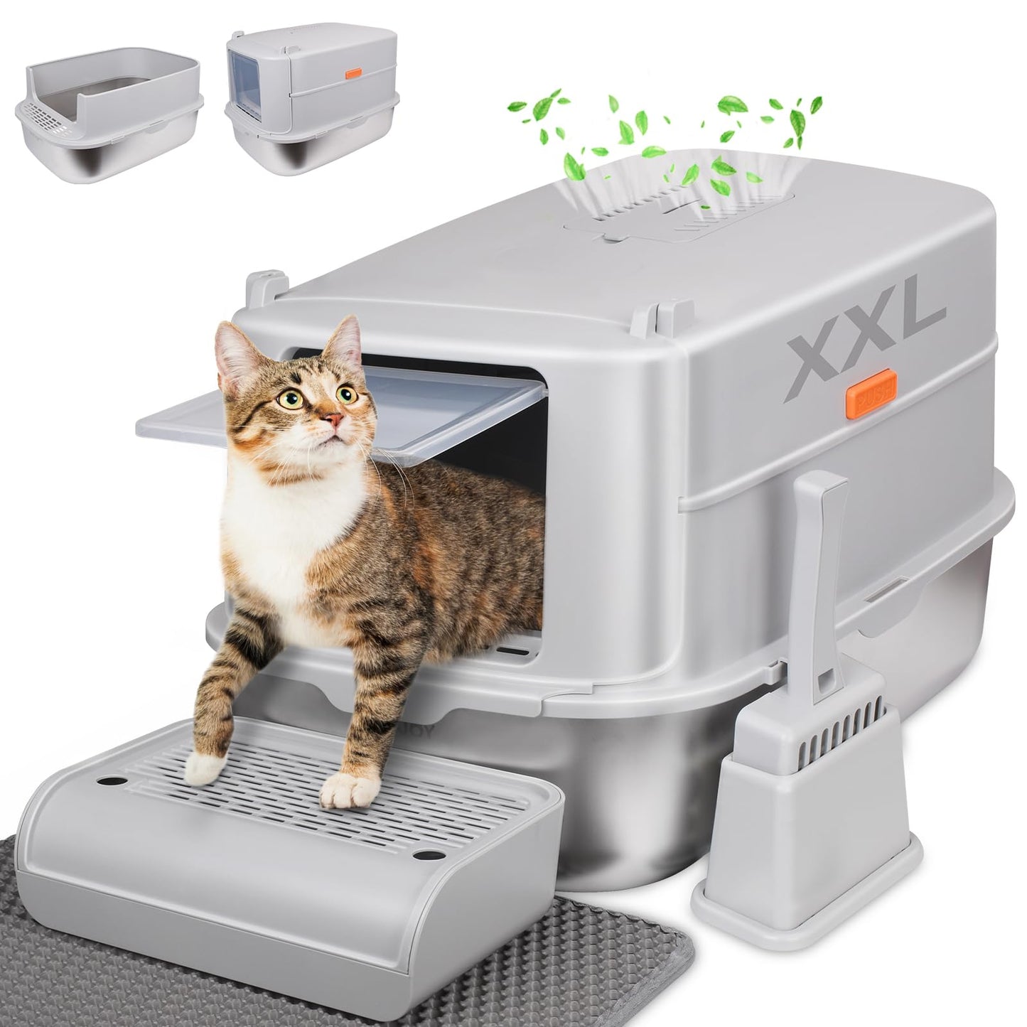 GOYJOY XL Enclosed Stainless Steel Cat Litter Box with Scoop & Mat