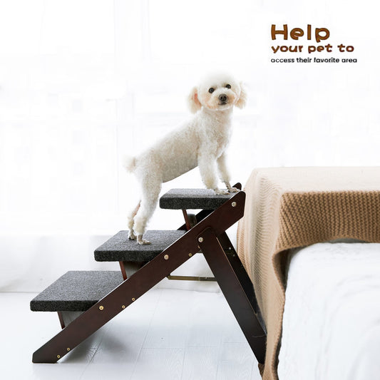 Foldable 3-Level Wood Pet Stairs & Ramp for Beds & Cars
